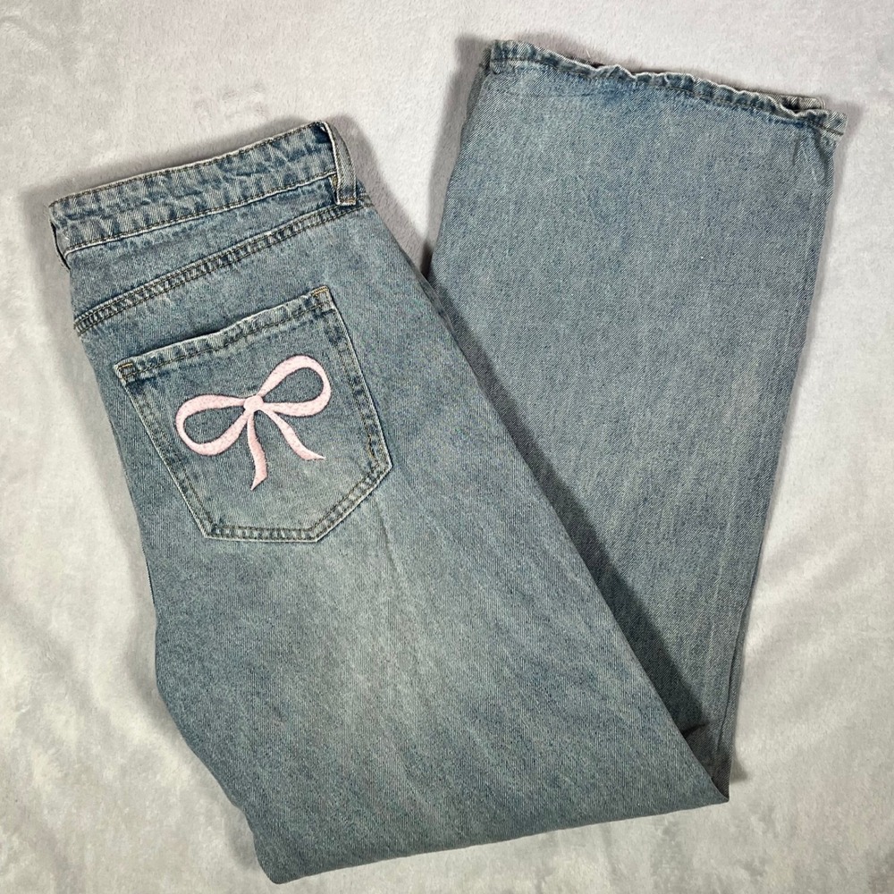 Ashley Mason Bow Jeans Womens Size 9/29 Wide Leg Light Wash Baggy Coquette‎ Boho